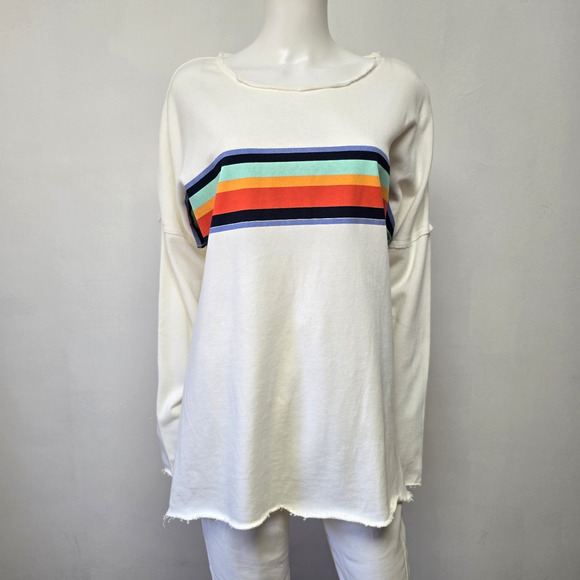 Crown & Ivy Size XL Sweatshirt Stripe White Raw Edge Long Sleeve Top White NWT - Picture 1 of 11